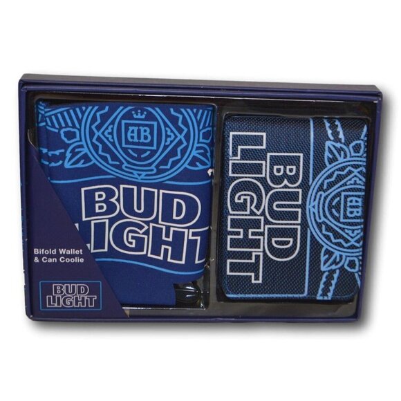 Budweiser Bud Light Men’s Blue Bifold Wallet & Can Coozie Set NIB - Picture 1 of 2